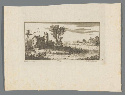 View of a field with a country house on the left and birds taking flight