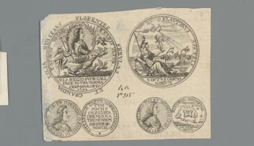 Obverse and reverse of three medals with the portraits of Eugene of Savoy, an allegorical figure, and the city of Cremona