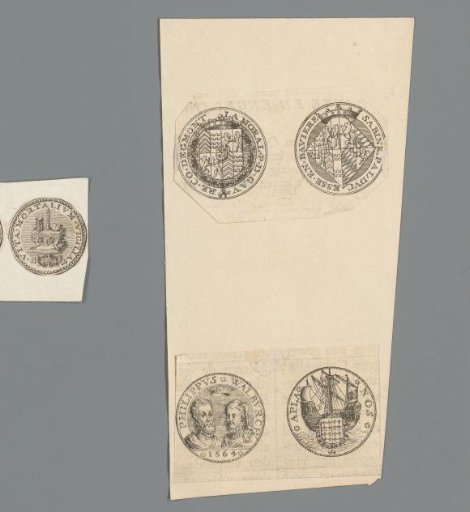 Obverse and reverse of two medals with coats of arms and portraits