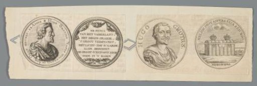 Obverse and reverse of two medals with the portrait of Hugo Grotius, a poem and a book chest