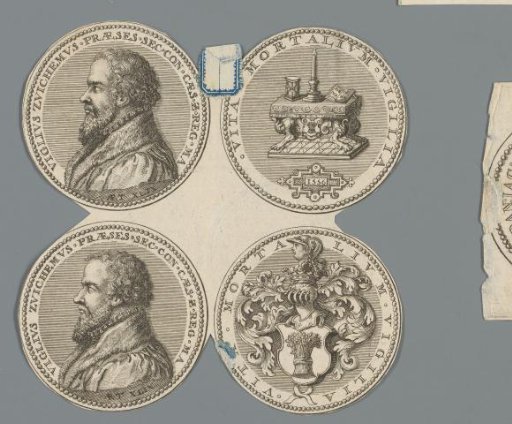 Obverse and reverse of two medals with the portrait of Viglius Zuichemus Ab Aytta, his emblem and coat of arms