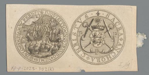 Obverse and reverse of a medal with a naval battle and a coat of arms