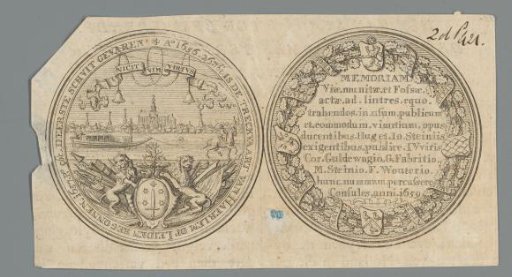 Obverse and reverse of a medal with the city of Haarlem, a city coat of arms, and a poem