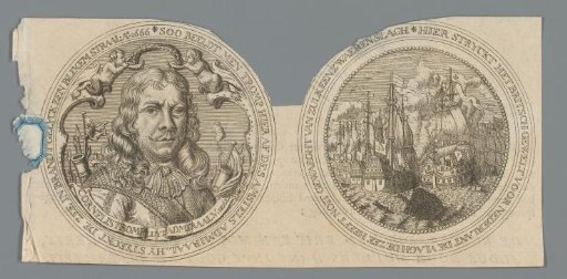 Obverse and reverse of a medal with the portrait of Cornelis (I) Evertsen and a naval battle