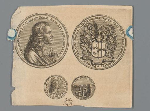 Obverse and reverse of two medals with the portrait of Nicolaes Cornelisz. Witsen, his coat of arms, and an emblem