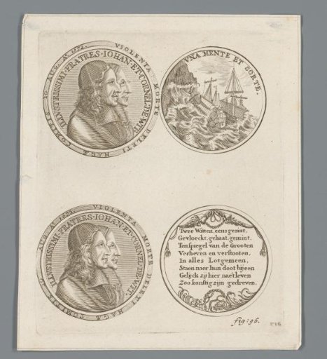 Obverse and reverse of two medals with the portraits of Johan and Cornelis de Witt, a naval battle, and a poem