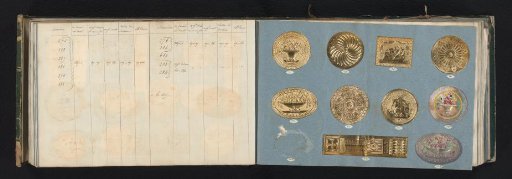 Two pages with samples of vignettes of gold- and multi-colored metal paper and accompanying table