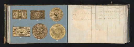 Two pages with samples of vignettes of gold-coloured metal paper and accompanying table