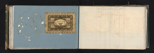 Two pages with a sample of a vignette of gold-coloured metal paper and accompanying table