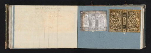 Two pages with samples of vignettes of gold- and silver-coloured metal paper and accompanying table