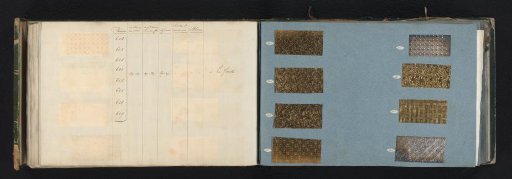 Two Pages with Samples of Gold- and Silver-Colored Metal Paper and the Corresponding Table