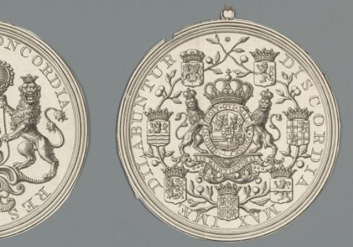 Obverse of a medal with the coat of arms of the Seven United Netherlands and the seven coats of arms of the provinces