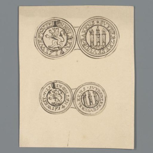 Obverse and Reverse of Two Medals (Beacon Lead) Depicting a Lion, the Coat of Arms of Amsterdam, and Three Beacon Fires
