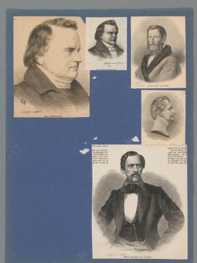 Sheet with two portraits of Karl Immerman, one of Franz von Gaudy, and two of August, Graf von Platen