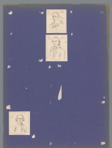 Sheet with one portrait of Prosper Jolyjot de Crébillon, one of Jean-Pierre Claris Florian, and one of Claude-Adrien Helvétius