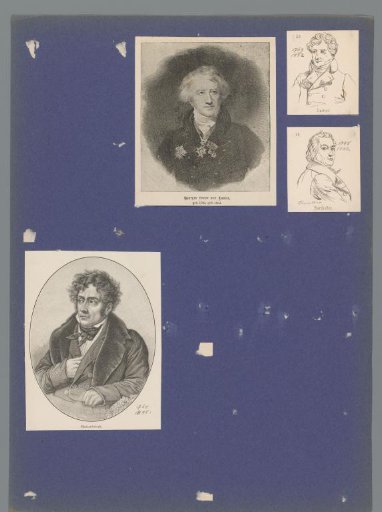 Sheet with two portraits of Georges Cuvier, one of Claude-Louis, Count of Berthollet, and one of François-René de Chateaubriand