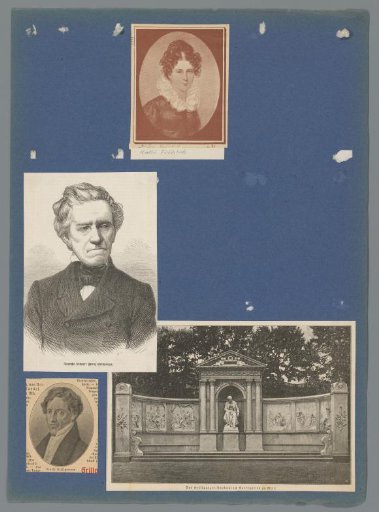 Sheet with one portrait of Katharina Fröhlich, two of Franz Grillparzer, and an image of his monument