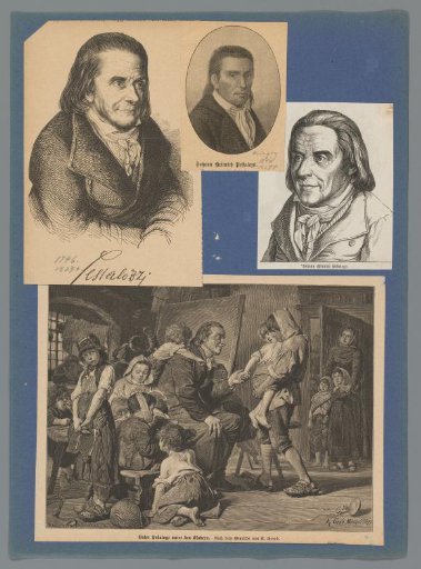 Sheet with three portraits of Johann Heinrich Pestalozzi and a group including Pestalozzi