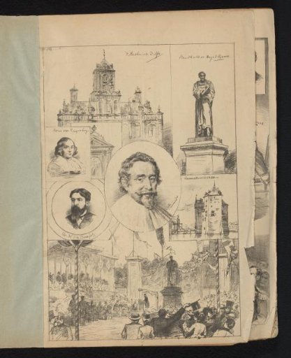 Sheet with Various Portraits and Representations in Connection with the Unveiling of the Statue of Hugo de Groot in Delft in 1886