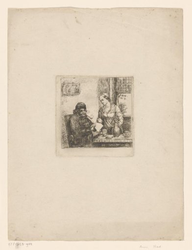 Man smoking a pipe and woman with a jug at a table