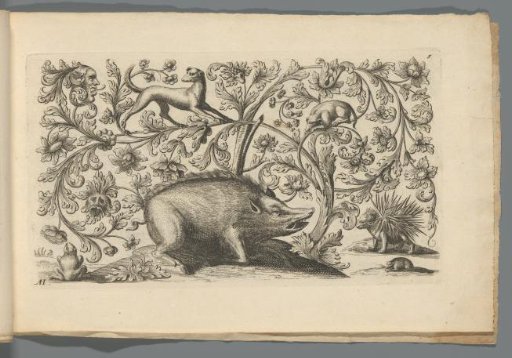 Ornament with wild boar, dogs, porcupine, frog, mouse and masks
