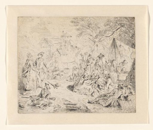 A military camp with soldiers and women