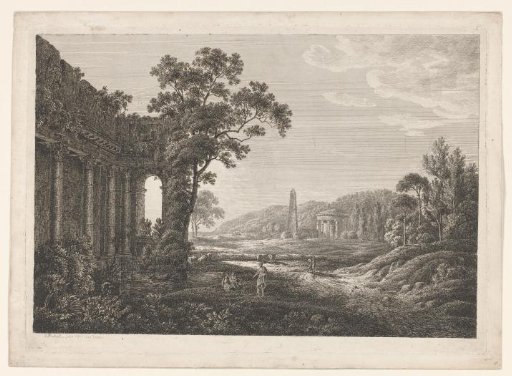 Arcadian landscape with ruined temple, obelisk, figures and cows