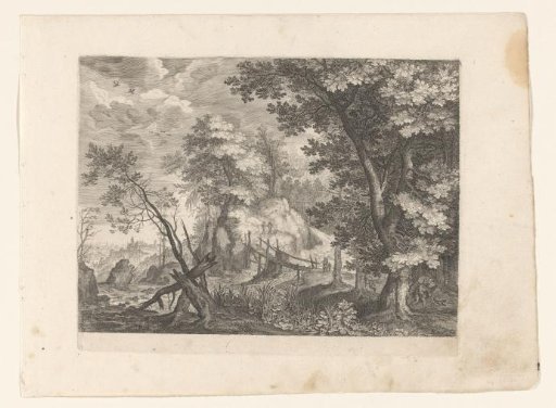 Landscape with seven figures, a dog and a bridge