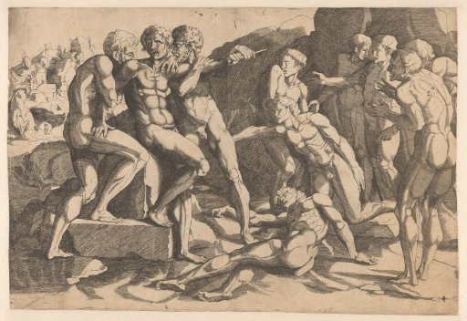 Naked men fighting near a cave