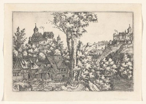 Landscape with a farm and two castles on hilltops