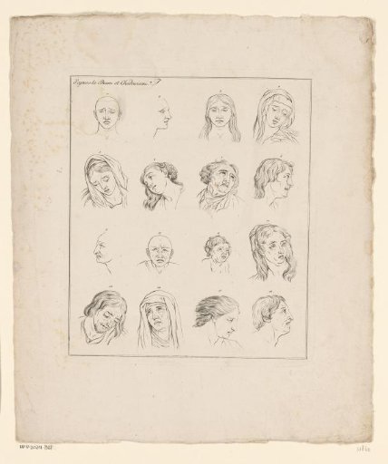 Sixteen heads with sad facial expressions