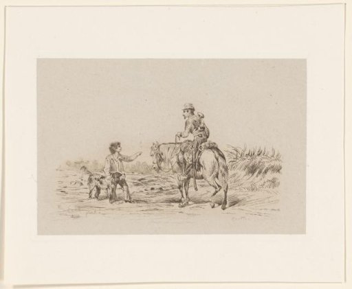 Military trumpeter on horseback with a boy and a dog