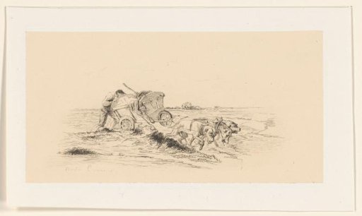 Man behind a cart drawn by three bound horses