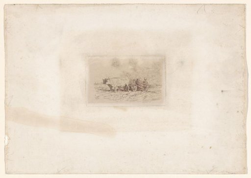 Two oxen before a plough with a farmer and a farmer's wife