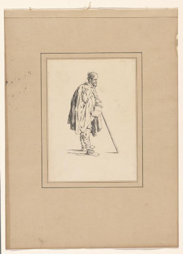 Beggar with a bowl and a long staff