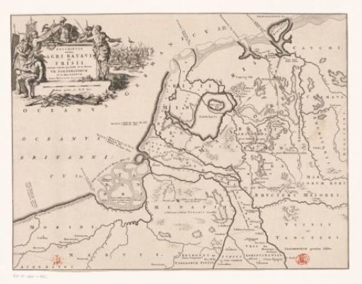 Historical map of the Netherlands with the territories of the Batavians and Frisians