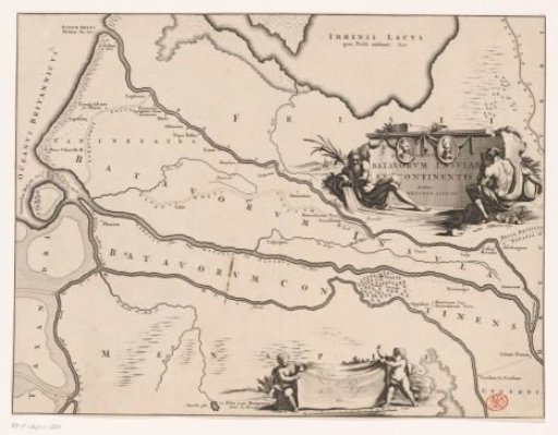 Historical map of the Netherlands with the territories of the Batavians and Frisians
