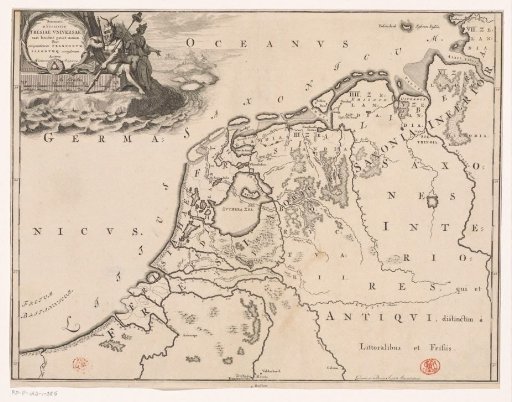 Historical map of the Netherlands with the territories of the Batavians and Frisians
