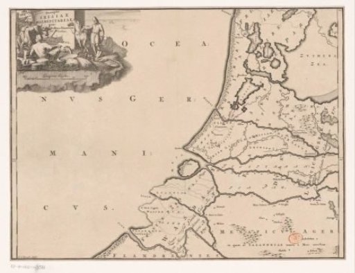 Historical map of the Netherlands with the territories of the Batavians and Frisians