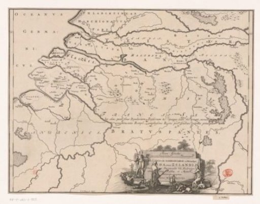 Historical map of the Netherlands with the territories of the Batavians and Frisians