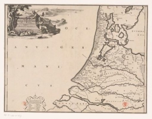 Historical map of the Netherlands with the territories of the Batavians and Frisians