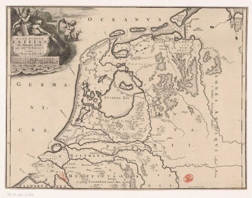 Historical map of the Netherlands with the territories of the Batavians and Frisians
