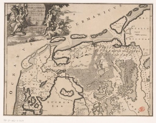 Historical map of the Netherlands with the territories of the Batavians and Frisians