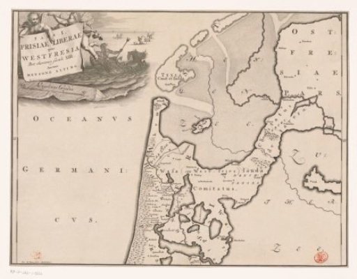 Historical map of the Netherlands with the territories of the Batavians and Frisians