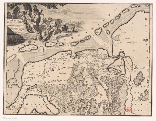 Historical map of the Netherlands with the territories of the Batavians and Frisians
