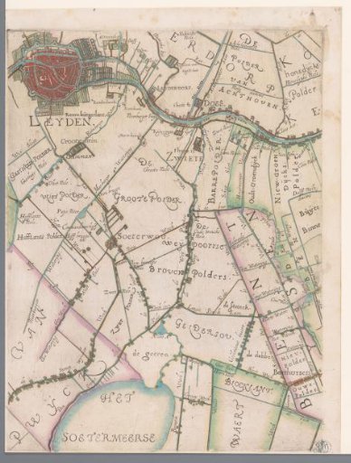 Part of a map of the Hoogheemraadschap of Rijnland, with Leiden and surroundings
