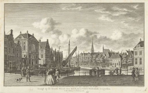 View of the Waag, the Old Rhine and the Vrouwekerk in Leiden