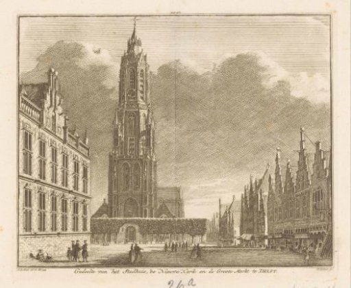 View of the Market, the Town Hall and the New Church at Delft, 1743