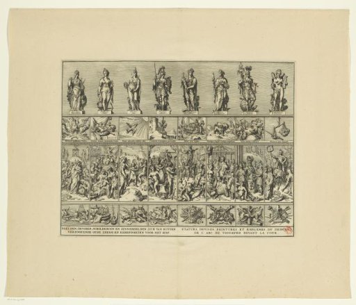 Statues, devices, emblems, and other paintings on the triumphal arches for the Buitenhof, 1691