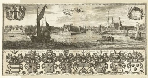 View of Delfshaven and the coats of arms of the Burgomasters of Delft during the years 1675-1677